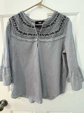 Cottagecore Coco Colette coquette Embroidered Stripe coastal Blouse  navy